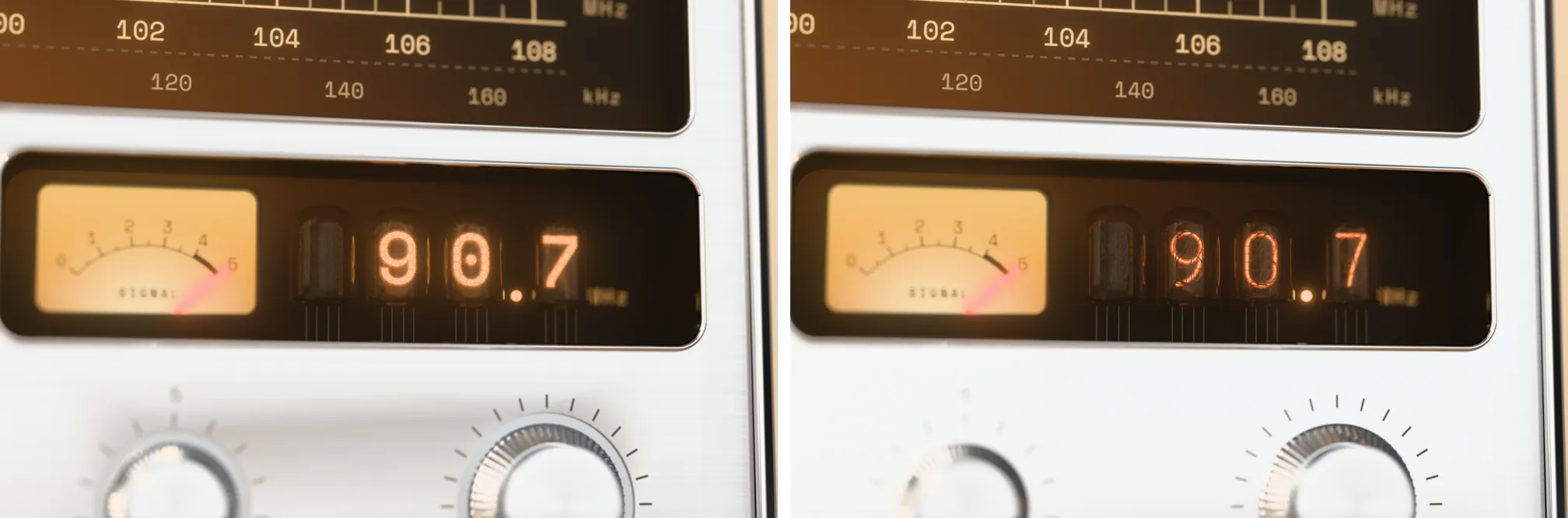 Nixie tubes before and after: digits in a monospace font on the left, wire cathodes like a real IN-14 tube on the right